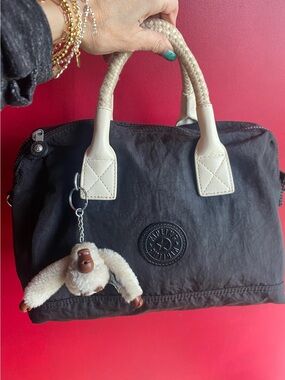 Kipling crinkled black Nylon Satchel with cream accents crossbody & Gorilla